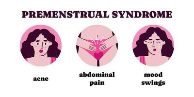 uppsättning av 3 pms symtom. schumann period problem eller premenstruell syndrom. platt vektor tecknad serie modern illustration.