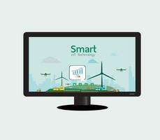 smart jordbrukare använder sig av iot läsplatta teknologi analysera växt hälsa sådan som jord fukt, vatten och luft renhet innehåll. modern teknisk bistånd holografiska grafik vektor