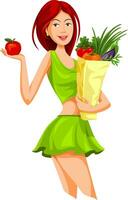 vektor av skön kvinna innehav ett äpple och matvaror väska full av grönsaker.