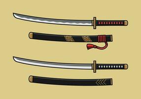uppsättning av linje konst detalj tecknad serie katana japansk svärd vektor