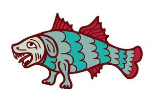 skizzieren Stil uralt Meer Monster- Hund Fisch mit Pfoten und Ohren Gekritzel. perfekt zum Tee, Aufkleber, Karte, Poster. Hand gezeichnet isoliert Vektor Illustration.