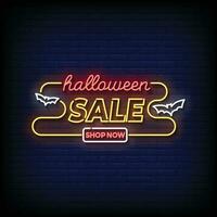 Neon- Zeichen Halloween Verkauf mit Backstein Mauer Hintergrund Vektor