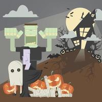 Halloween-Zombies. Geist mit Kürbis und Mumie Nachtlandschaft mit Vollmond über vektor