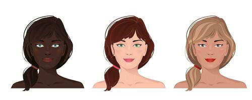 ansikte porträtt av kvinnor med dykare hud och hår. ansiktsbehandling uttryck med gest isolerat vektor illustration. avatar för en social nätverk. vektor platt illustration, webb, design, skönhet och göra upp.