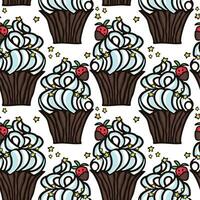 Süss Kuchen nahtlos Muster mit Nachspeisen . Muffin, Pudding, Kuchen mit Erdbeere Frucht. Hand gezeichnet Vektor Illustration zum Oberfläche Design, Textil, Stoff, Sammelalbum, Hintergrund