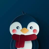 vektor söt jul papper skära 3d pingvin med skugga på färgad bakgrund. vinter- djur- design för presentation, baner, omslag, webb, flygblad, kort, försäljning, affisch, glida och social media