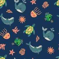 sömlös mönster med hav djur. val, delfin, sköldpadda, manet, lykta fisk. vektor