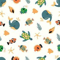 sömlös mönster med hav djur. val, delfin, sköldpadda, fisk, lykta fisk. vektor