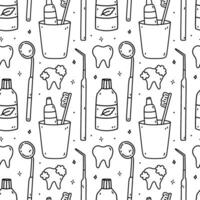 sömlös mönster med dental objekt - munvatten, tänder, dental sond, spegel, tandborste och tandkräm. oral hygien. vektor ritad för hand klotter illustration. perfekt för skriva ut, tapet, dekorationer.