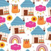 sömlös mönster tecknad serie hus med katt och himmel element. söt tapet för gåva slå in papper vektor