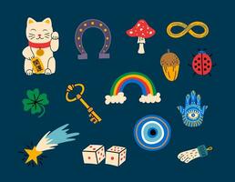 tecknad serie Färg annorlunda tur- behag amuletter ikoner uppsättning. vektor