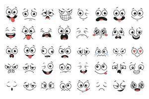 Cartoon-Gesichter. ausdrucksstarke Augen und Mund, lächelnde, weinende und überraschte Gesichtsausdrücke. Karikatur, Comic-Emotionen oder Emoticon-Doodle. isolierte vektorillustrationsikonen eingestellt vektor