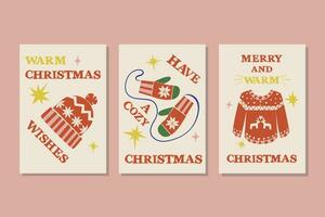 uppsättning av tre jul vykort i linocut stil vektor