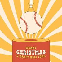 Baseball groovig Weihnachten Flitter Sockel. fröhlich Weihnachten groovig Sport Gruß Karte. hängen auf ein Faden Weihnachten Ball auf Podium. Sport modisch Vektor Illustration