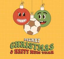 Fußball fröhlich Weihnachten und glücklich Neu Jahr groovig Sport Gruß Karte. hängend Ball wie ein groovig Weihnachten Ball auf beschwingt Hintergrund. Vektor Illustration.