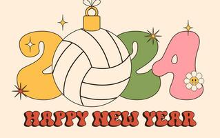 Volleyball groovig glücklich Neu Jahr 2024 mit Ball. Sport groovig Gruß Karte mit Sport Ball. Vektor Illustration