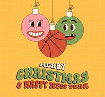 basketboll glad jul och Lycklig ny år häftig sporter hälsning kort. hängande boll som en häftig jul boll på vibrerande bakgrund. vektor illustration.