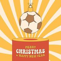 Fußball groovig Weihnachten Flitter Sockel. fröhlich Weihnachten groovig Sport Gruß Karte. hängen auf ein Faden Weihnachten Ball auf Podium. Sport modisch Vektor Illustration