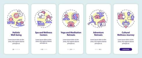 2d ikoner representerar medicinsk turism mobil app skärm uppsättning. genomgång 5 steg Flerfärgad grafisk instruktioner med tunn linje ikoner begrepp, ui, ux, gui mall. vektor