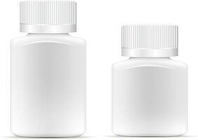 pharmazeutische breit Platz Droge Flasche zum Pillen, Kapseln. Weiß Container spotten hoch. 3d Vektor Illustration.