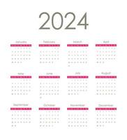 Kalender 2024 Rot. Woche beginnt auf Sonntag. Vektor Design.