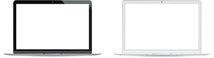 svart och vit version bärbar dator pc uppsättning med vit lcd skärm isolerat på bakgrund. bärbar anteckningsbok dator realistisk vektor illustration. modern design för din webbplats eller kommersiell.