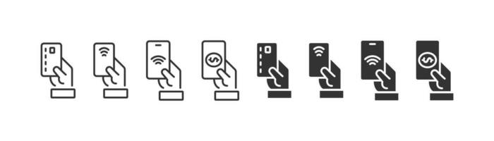 Smartphone NFC, Geld, Anerkennung Karte gehaltenen im Hand Symbol Satz. Vektor Illustration Design.