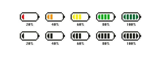 Pixel Niveau Ladegerät Batterie Symbol. 8 bisschen Batterie Smartphone Vektor