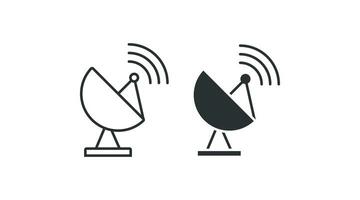 satellit antenn ikon uppsättning. sputnik antenn illutration symbol. tecken telekommunikation teknologi vektor platt.