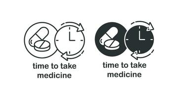 Zeit zu nehmen Medizin Symbol. Zeit zu nehmen Tabletten Illustration Symbol. Zeichen Tabletten und Uhr Vektor