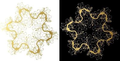 goldene Kränze aus Zweigen mit Blättern auf schwarzem und weißem Hintergrund. Vektor isolierte Kontur dekorativer wellenförmiger Kranz für Rahmenhochzeitseinladungen und Grußkarten