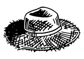 korg- sugrör hatt skiss ClipArt. sommar huvud tillbehör klotter isolerat på vit. hand dragen vektor illustration i gravyr stil.