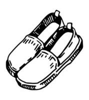 Slip-Ons skizzieren Clip Art. Sommer- Schuhe, beiläufig Schuhwerk Gekritzel isoliert auf Weiß. Hand gezeichnet Vektor Illustration im Gravur Stil.
