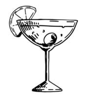 elegant cocktail med citron. klotter ClipArt av dryck i glas isolerat på vit. hand dragen vektor illustration i gravyr stil.