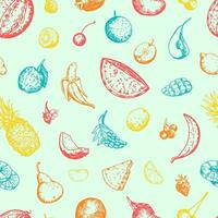 sommar frukt och bär vektor sömlös mönster. hand dragen ananas, vattenmelon, granatäpple, banan, mango, vindruvor, citrus, äpple, päron, körsbär. abstrakt prydnad i retro stil.