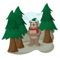 söt Björn djur- med jul scarf och hatt på de skog vektor illustration