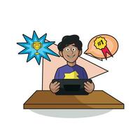 isoliert glücklich Junge Charakter spielen auf ein Laptop Vektor Illustration
