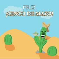 glücklich Kaktus Karikatur Charakter mit Mexikaner Hut auf ein Dessert cinco de Mayo Vektor Illustration