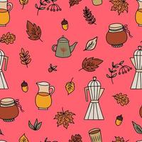 Vektor nahtlose Muster gemütlicher Druck mit Kaffee und Tee im Herbst. Warmhalteset für den Herbst mit Kaffeemaschine, Wasserkocher und Kanne mit Herbstgetränken und Laub