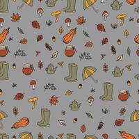 Vektor-Set von handgezeichneten Doodle-Herbst-Illustrationen. Erntedankfest. Einladungsbanner für die Herbstparty. Happy Thanksgiving-Kartendekor. Regenschirm, Stiefel, Pilze und Blätter vektor