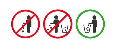 Müll Verfügung Zeichen Symbol Satz. Verbot das Streuung von Müll und werfen Müll in das Behälter Symbol. Zeichen Müll Vektor Wohnung.
