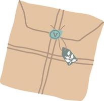 Vektor flache Illustration Umschlag oder Paketzustellung Geschenk mit Post und Postkarten. verschiedene Gegenstände, Bastelpapier, Bindfäden, Siegellack, handgemachte Karten. handgezeichneter Glückwunsch-Überraschungskurier