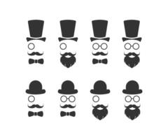 herre ikon uppsättning. hatt, topp hatt, glasögon, okular, mustasch, skägg, fjäril symbol. tecken mister vektor platt.