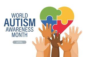 Welt Autismus Bewusstsein Tag Banner. Kinder- Hände und bunt Herz Rätsel. Poster, Vektor