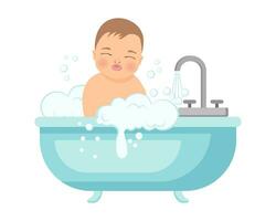 Baby Junge im ein Bad mit Schaum. Baby Dusche Illustration. Design zum Baby Hygiene Produkte. Vektor