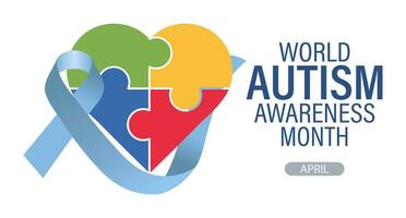värld autism medvetenhet dag baner. blå medvetenhet band och färgrik hjärta pussel. affisch, vektor
