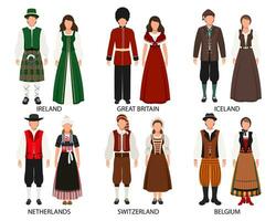 en uppsättning av par i folk kostymer av europeisk länder. Irland, Island, bra Storbritannien, de Nederländerna, Belgien, schweiz. kultur och traditioner. illustration, vektor