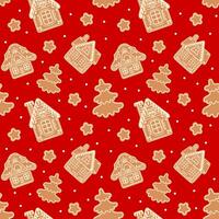 Weihnachten nahtlos Muster mit Lebkuchen Häuser, Tanne Bäume, Sterne und Schneeflocken. festlich rot Hintergrund, Vektor