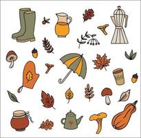 Vektor-Set von handgezeichneten Doodle-Herbst-Illustrationen. Erntedankfest. Einladungsbanner für die Herbstparty. Happy Thanksgiving-Kartendekor. Regenschirm, Stiefel, Küchenutensilien, Pilze und Blätter vektor