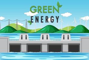 Wasserkraftwerke erzeugen Strom mit grünem Banner vektor
